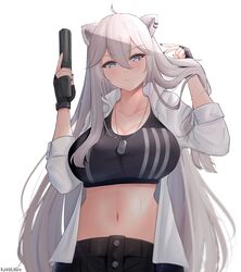  absurdres ahoge animal_ears artist_name black_gloves black_shorts black_sports_bra breasts cleavage closed_mouth collarbone collared_shirt dog_tags ear_piercing fang_out female fingerless_gloves gloves grey_eyes grey_hair gun hair_between_eyes hand_in_own_hair hand_up handgun highres holding holding_gun holding_weapon hololive kurarashi large_breasts lion_ears lion_girl long_hair long_sleeves looking_at_viewer midriff navel oerba_yun_fang official_alternate_costume official_alternate_hairstyle open_clothes open_shirt piercing shirt shishiro_botan shishiro_botan_(button-down) shorts signature simple_background solo sports_bra striped striped_sports_bra sweat vertical-striped_sports_bra very_long_hair virtual_youtuber weapon white_background white_shirt 