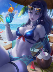  beach beach_umbrella bikini blue_sky body_writing bracelet breasts chair cocktail_umbrella coconut colored_skin cowboy_shot cup day drink drinking_glass drinking_straw earrings elbow_gloves eyewear_on_head female flower food frank_lee fruit fruit_cup gloves hand_up highres holding holding_cup hoop_earrings horizon hurricane_glass ice ice_cube jewelry knee_up leaning_back long_hair looking_at_viewer lounge_chair mechanical_arms medium_breasts multi-strapped_bikini navel outdoors overwatch overwatch_1 palm_leaf palm_tree plumeria ponytail purple_hair purple_lips purple_skin red_nails sarong scar see-through shawl single_mechanical_arm sitting sky solo starfish sunglasses swimsuit table tattoo thigh_strap tree umbrella watermelon white_flower widowmaker_(overwatch) yellow_eyes 