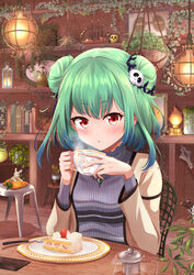  absurdres alternate_costume blowing_on_food blue_hair blue_ribbon blush brown_cardigan butterfly_necklace cake cake_slice cardigan cup double_bun earrings female food gradient_hair green_hair hair_bun hair_ribbon highres holding holding_cup hololive jewelry kaigan long_sleeves looking_at_viewer medium_hair mixed-language_commentary multicolored_hair necklace pov_across_table red_eyes ribbon sidelocks sitting skull_earrings solo teacup uruha_rushia virtual_youtuber 