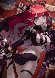  ass back baobhan_sith_(fate) baobhan_sith_(second_ascension)_(fate) bare_shoulders black_panties bracelet breasts bridal_gauntlets detached_sleeves earrings fate/grand_order fate_(series) female grey_eyes high_heels highres jewelry katsu_(katsupainter) long_hair looking_at_viewer looking_back medium_breasts navel oerba_yun_fang panties pink_hair pointy_ears revealing_clothes sidelocks solo thigh_strap thighs tiara underwear veil 