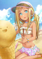  absurdres beach bead_bracelet bead_necklace beads bikini blonde_hair blue_eyes bracelet chiyosuke_(nosuke21) dark-skinned_female dark_skin day dirty female food frilled_bikini frills front-tie_bikini_top front-tie_top hair_ornament hair_scrunchie highres ice_cream ice_cream_cone idolmaster idolmaster_cinderella_girls idolmaster_cinderella_girls_starlight_stage jewelry layla_(idolmaster) long_hair looking_at_viewer navel necklace ocean open_mouth outdoors sand sand_sculpture sandals scrunchie sitting smile solo swept_bangs swimsuit twintails visor_cap wariza 