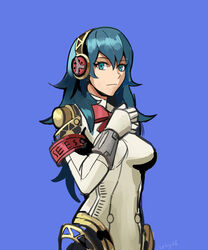  absurdres aegis_(persona) aegis_(persona)_(cosplay) blue_background blue_eyes blue_hair bow byleth_(female)_(fire_emblem) byleth_(fire_emblem) cosplay english_commentary female fire_emblem fire_emblem:_three_houses headphones highres long_hair persona persona_3 saiykik simple_background upper_body 