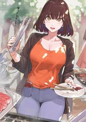  breasts brown_hair cellphone chopsticks denim female flying_sweatdrops focused food grill highres holding holding_plate holding_tongs jacket jeans jun_(navigavi) looking_at_viewer meat medium_hair original outdoors pants paper_plate phone plate pov smartphone sweater_jacket table tongs translated tree 