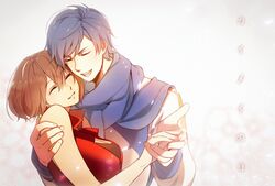  1boy bare_shoulders bloom blue_hair blue_scarf breasts brown_hair closed_eyes coat commentary couple date_pun female hand_grab hand_on_another&#039;s_shoulder happy highres hug kaito_(vocaloid) kaito_(vocaloid3) medium_breasts meiko_(vocaloid) meiko_(vocaloid3) number_pun open_mouth red_shirt scarf shirt smile straight upper_body vocaloid white_coat yen-mi 