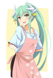  :d alternate_costume apron arms_behind_back blush breasts brown_skirt chata_maru_(irori_sabou) collarbone commentary_request cowboy_shot fate/grand_order fate_(series) female green_hair high_ponytail highres horns kiyohime_(fate) long_hair looking_at_viewer open_mouth paw_print pink_apron ponytail shirt short_sleeves skirt smile solo tying_apron very_long_hair white_shirt yellow_eyes 