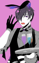  1boy alcohol belphegor_(obey_me) bowtie bunny_boy bunny_ears bunnysuit dyed_hair embarrassed obey_me!_one_master_to_rule_them_all purple_background purple_hair sfw startled 