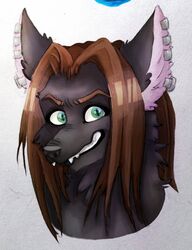  absurd_res anthro black_body black_fur black_nose brown_hair canid canine canis colored digital_drawing_(artwork) digital_media_(artwork) eyebrows fangs fluffy fluffy_ears frown fur green_eyes hair hi_res iijackie3678ii inner_ear_fluff long_hair male mammal monotone_hair neck_tuft piercing solo teeth tuft wolf 