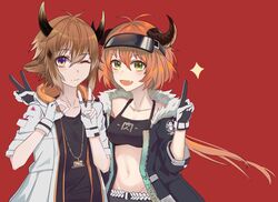  1boy 2021 :d animal_ears antenna_hair arknights armpits bare_shoulders belt bison_(arknights) black_headwear black_jacket black_shirt black_shorts black_tank_top blush breasts brown_hair chinese_commentary cleavage closed_mouth collarbone commentary_request cow_ears cow_horns cowboy_shot croissant_(arknights) crop_top female fingerless_gloves fur-trimmed_jacket fur_trim gloves green_eyes groin hair_between_eyes highres horns id_card index_finger_raised jacket jewelry long_hair looking_at_viewer low_ponytail medium_breasts midriff navel necklace oerba_yun_fang one_eye_closed open_clothes open_jacket open_mouth orange_hair penguin_logistics_logo purple_eyes red_background shirt short_hair short_sleeves shorts side-by-side sidelocks simple_background smile sparkle standing stomach tank_top tanya_(tanyaya) v visor_cap white_belt white_gloves white_jacket 