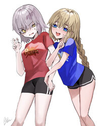  2girls alternate_costume anger_vein arts_shirt bad_id bad_pixiv_id bebe_(bebe_pp) black_shorts blonde_hair blue_shirt blush braid breasts buster_shirt commentary_request fate/apocrypha fate/grand_order fate_(series) grey_hair highres jeanne_d&#039;arc_(fate) jeanne_d&#039;arc_(ruler)_(fate) jeanne_d&#039;arc_alter_(avenger)_(fate) jeanne_d&#039;arc_alter_(fate) large_breasts long_hair looking_at_viewer medium_breasts multiple_girls open_mouth red_shirt shirt short_hair short_sleeves shorts simple_background smile white_background yellow_eyes 