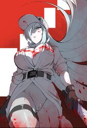  baseball_cap belt blood blood_on_breasts blood_on_clothes blood_on_face breasts center_opening chinese_commentary clang cleavage colored_skin commentary employee_uniform female gloves hair_over_one_eye hat hataraku_saibou hataraku_saibou_black highres holding holding_sword holding_weapon large_breasts pale_skin pants solo sword u-1196 uniform weapon white_blood_cell_(hataraku_saibou) white_hair white_pants white_skin 