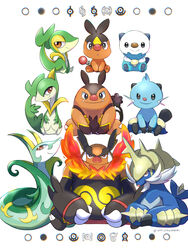  artist_name dewott emboar evolutionary_line highres looking_at_viewer no_humans oshawott pignite pokemon pokemon_(creature) saki_pokeoekaki samurott serperior servine simple_background sitting snivy starter_pokemon_trio tepig unown unownglyphics watermark 