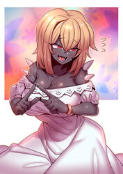  bare_shoulders black_skin blonde_hair blush breasts cerbera_(hdoom) cleavage collarbone colored_skin dark-skinned_female dark_skin demon_girl doom_(series) dress female fingernails hair_between_eyes hdoom highres imp_(doom) jewelry large_breasts open_mouth red_eyes short_hair smile solo spikes tukiwani 