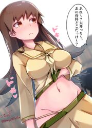  absurdres artist_name baileys_(tranquillity650) blush breasts brown_eyes brown_hair closed_mouth clothes_lift clothes_pull commentary dutch_angle female flashing gold_panties groin heart heartbeat highres kantai_collection kitakami_(kancolle) lifting_own_clothes long_hair long_sleeves looking_to_the_side medium_breasts navel neckerchief nose_blush ooi_(kancolle) ooi_kai_ni_(kancolle) panties panty_pull public_indecency pulling_own_clothes sailor_collar school_uniform serafuku shirt_lift signature skirt skirt_pull solo sound_effects speech_bubble stomach translated twitter_username underwear white_neckerchief yellow_sailor_collar yellow_skirt 