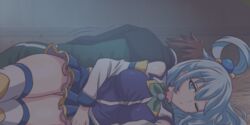  1boy aqua_(konosuba) barn blue_eyes blue_footwear blue_hair blue_shirt blue_skirt blue_thighhighs boots breasts brown_hair commentary curious detached_sleeves female green_jacket hair_ornament hair_rings hay hippo_power jacket kono_subarashii_sekai_ni_shukufuku_wo! long_hair male_masturbation masturbation night no_panties one_eye_closed satou_kazuma shirt single_hair_ring skirt thigh_boots thighhighs thighhighs_under_boots track_suit 