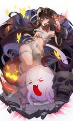  :d absurdres arm_up armpits bandages bare_shoulders barefoot black_hat boo_tao_(genshin_impact) breasts brown_hair bug butterfly detached_sleeves female fire full_body genshin_impact ghost hair_between_eyes hat highres hu_tao_(genshin_impact) jack-o&#039;-lantern long_hair looking_at_viewer lying nail_polish naked_bandage navel netural oerba_yun_fang on_back open_mouth peaked_cap pumpkin red_eyes red_nails sarashi skull small_breasts smile solo stomach symbol-shaped_pupils teeth thighs very_long_hair 