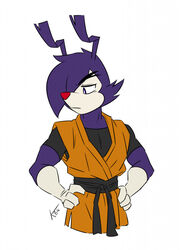  2021 4_fingers animaniacs animaniacs_(2020) anime-aniacs anthro belt clothing cosplay crossover crossover_cosplay dragon_ball dragon_ball_z facial_markings fingers fur gloves goku handwear head_markings hi_res hulu inkblot karate_belt keikogi kiseki_art looking_sideways male mammal markings martial_arts_uniform mask_(marking) multicolored_body multicolored_fur muscular muscular_anthro muscular_male purple_body purple_fur red_nose shirt signature solo sportswear t-shirt topwear two_tone_body two_tone_fur warner_brothers white_body white_clothing white_fur white_gloves white_handwear yakko_warner 