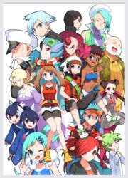  6+boys 6+girls absurdres backpack bad_id bad_pixiv_id bag beanie beard bike_shorts blue_eyes bow_hairband brawly_(pokemon) brendan_(pokemon) brown_hair capri_pants closed_eyes closed_mouth coat collarbone commentary_request dark-skinned_female dark_skin drake_(pokemon) facial_hair flannery_(pokemon) glacia_(pokemon) green_bag green_hair hairband hat highres jacket lisia_(pokemon) liza_(pokemon) may_(pokemon) moustache multiple_boys multiple_girls navel norman_(pokemon) open_mouth pants pantyhose phoebe_(pokemon) pokemon pokemon_oras red_hairband red_shirt roxanne_(pokemon) shirt shoes short_hair short_sleeves shorts sidney_(pokemon) sleeveless sleeveless_shirt smile spiked_hair steven_stone tate_(pokemon) tongue wallace_(pokemon) wally_(pokemon) wattson_(pokemon) white_background white_footwear white_hair white_headwear white_shorts winona_(pokemon) yellow_footwear yuihico 