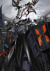  6+others antlers arknights armor deer_antlers female genderswap_(mtf) helmet highres holding holding_polearm holding_weapon horns mask multiple_others patriot_(arknights) polearm power_armor red_eyes reunion_logo_(arknights) reunion_soldier_(arknights) rule_63 shield shieldguard_(arknights) spear tall_female tian_kazuki unworn_mask weapon white_hair 