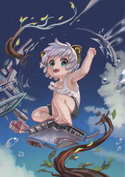  1boy absurdres animal_ears bare_legs barefoot black_shorts blue_sky bubble cat_boy cat_ears cloud cloudy_sky day floating floating_object highres leaf luo_xiaohei luo_xiaohei_(human) luo_xiaohei_zhanji male_focus outdoors plant short_hair shorts sky solo tank_top whinghope white_hair white_tank_top 