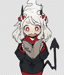  bad_id bad_twitter_id black_suit blush ddari demon_girl demon_horns demon_tail expressive_tail female formal heart heart-shaped_pupils helltaker highres horns long_sleeves modeus_(helltaker) pantyhose red_eyes shirt skirt solo stiff_tail suit sweater symbol-shaped_pupils tail white_hair 