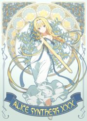  alice_zuberg art_nouveau bare_arms bare_shoulders barefoot blonde_hair blue_eyes braid braided_ponytail dress female floral_background flower glowing glowing_sword glowing_weapon gold_osmanthus hairband highres holding holding_sword holding_weapon long_hair osmanthus osmanthus_blade solo sword sword_art_online sword_art_online:_alicization tomiwo weapon white_dress white_hairband 