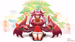  antlers christmas_present christmas_tree claws commission dated dragon_horns dragon_wings dress english_commentary extra_mouth fake_antlers female fingernails full_body fur_trim gold_teeth hair_between_eyes highres horns jabberwock_(monster_girl_encyclopedia) long_hair looking_at_viewer lutherniel monster_girl monster_girl_encyclopedia purple_hair red_dress red_eyes reindeer_antlers round_teeth sharp_fingernails short_dress signature sitting smile solo spread_wings teeth tentacle twintails upper_teeth wariza wings 