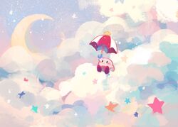  bad_id bad_twitter_id beanynne cloud cloudy_sky crescent crescent_moon full_body highres kirby kirby_(series) moon on_cloud pastel_colors sitting sky solo star_(sky) star_(symbol) starry_moon starry_sky umbrella 