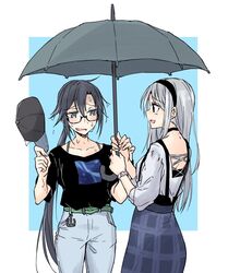  2girls alternate_costume amagiri_(kancolle) belt black_hair black_headwear blue_skirt blush breasts glasses grey_hair hair_between_eyes hairband hat highres holding holding_clothes holding_hat holding_umbrella kantai_collection long_hair multiple_girls official_alternate_costume open_mouth pants ponytail rindou_(rindou_annon) sagiri_(kancolle) shared_umbrella shirt simple_background skirt two-tone_background umbrella unworn_hat unworn_headwear watch wet wet_clothes wet_hair wristwatch 