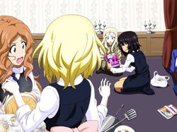  4girls :o alternate_costume andou_(girls_und_panzer) bag bc_freedom_school_uniform black_dress black_hair black_socks blonde_hair blue_cardigan blue_eyes blue_necktie brown_eyes candle cardigan casual censored commentary commission dark-skinned_female dark_skin dress dress_shirt drill_hair facing_away food girls_und_panzer green_eyes green_sweater highres indoors isabe_(girls_und_panzer) key_(gaigaigai123) kneehighs long_hair looking_at_another marie_(girls_und_panzer) medium_hair messy_hair mosaic_censoring multiple_girls necktie noodles orange_hair oscar_francois_de_jarjayes oshida_(girls_und_panzer) pantyhose parted_bangs pinafore_dress school_uniform seiza shirt shopping_bag short_dress sitting sleeveless sleeveless_dress socks striped_necktie sweater taiyaki udon unworn_cardigan versailles_no_bara wagashi wavy_hair white_shirt 