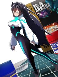  anksha black_hair cutting_mat female green_eyes gundam gundam_build_divers gundam_build_divers_re:rise gundam_unicorn gunpla head_tilt high_heels highres juaggu long_hair looking_to_the_side may_(gundam_build_divers_re:rise) mini_person minigirl mobile_doll_may model_kit open_hands shisonoha walking 