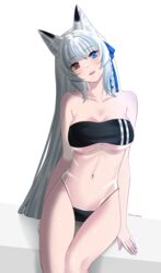  animal_ears artist_self-insert bare_arms bare_shoulders blue_eyes blue_ribbon breasts cleavage commentary covered_navel female fox_ears gris_swimsuit hair_ribbon heterochromia highres large_breasts long_hair looking_at_viewer meme_attire one-piece_swimsuit original parted_lips red_eyes ribbon simple_background sitting solo strapless strapless_one-piece_swimsuit swimsuit thighs twitter_username very_long_hair virtual_youtuber white_background white_hair yui_lumina yui_lumina_(artist) 