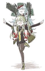  2girls assault_rifle blue_hair carrying_over_shoulder commentary_request dual_wielding g11_(girls&#039;_frontline) girls&#039;_frontline green_hair gun h&amp;k_g11 happy highres holding jacket leg_up multiple_girls outstretched_arms rifle shinoe_nun sweatdrop ump40_(girls&#039;_frontline) weapon 