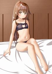  amano_miyako black_bra black_panties blush bra breasts brown_eyes brown_hair cat_cutout cat_lingerie cleavage cleavage_cutout closed_mouth clothing_cutout collarbone commentary_request female full_body fumizuki_(kancolle) kantai_collection long_hair looking_at_viewer meme_attire navel on_bed panties ponytail sitting small_breasts smile solo underwear underwear_only wooden_wall 