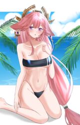  animal_ears bare_arms bare_legs bare_shoulders blue_sky blush breasts cleavage commentary covered_navel day female foot_out_of_frame fox_ears genshin_impact gris_swimsuit groin hand_up head_tilt highres large_breasts long_hair looking_at_viewer low-tied_long_hair meme_attire ocean one-piece_swimsuit outdoors parted_lips pink_hair purple_eyes sitting sky solo strapless strapless_one-piece_swimsuit swimsuit thighs very_long_hair wariza water yae_miko yui_lumina_(artist) 