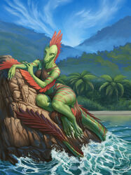  2021 anthro beach bottomwear breasts clothing day detailed_background digital_media_(artwork) dinosaur dromaeosaurid extinct feathers feet female fingers hibbary loincloth looking_at_viewer non-mammal_breasts outside partially_submerged prehistoric_species red_stripes reptile scalie seaside sky smile solo stripes tail theropod toes uthalla velociraptor yellow_eyes 