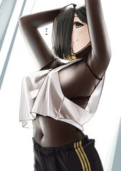  absurdres armpits black_hair black_shorts bodystocking breasts crop_top female hair_over_one_eye highres kamura_(rain_prophet) medium_breasts mole mole_above_eye original pupi_(rain_prophet) shorts smile solo striped_clothes striped_shorts tank_top white_tank_top 