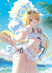  :p absurdres ahoge bag bikini blonde_hair blue_archive blue_sky breasts cloud commentary cowboy_shot cumulonimbus_cloud day eyewear_on_head female floating_hair frilled_bikini frills halo hifumi_(blue_archive) hifumi_(swimsuit)_(blue_archive) highres kokko_(kokko3045) lens_flare light_blush light_rays long_hair looking_at_viewer low_twintails mountainous_horizon navel ocean off-shoulder_bikini off_shoulder official_alternate_costume open_hand outdoors outstretched_arm palm_tree peroro_(blue_archive) ribbon-trimmed_bikini round_eyewear side-tie_bikini_bottom sky small_breasts solo stomach sunbeam sunglasses sunlight swimsuit symbol-only_commentary tongue tongue_out tote_bag transparent_bag tree twintails very_long_hair water white_bikini winged_halo yellow_eyes yellow_halo 