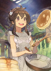  :d apron blush_stickers braid brown_hair cooking crown_braid female flipping_food food frilled_apron frills frying_pan hair_between_eyes herb_bundle hide_(hideout) highres holding indoors open_mouth original pancake pink_eyes smile solo spatula steam white_apron 