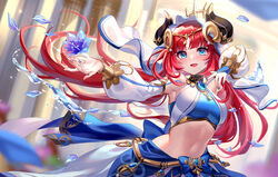  :d armpits blue_bow blue_eyes blurry blurry_background blush bow bracer breasts brooch circlet crop_top dancer dancing detached_sleeves fake_horns falling_petals female floating_hair flower genshin_impact gold_trim harem_outfit highres horns jewelry lalazyt long_hair long_sleeves looking_at_viewer medium_breasts navel neck_ring nilou_(genshin_impact) open_mouth outstretched_hand parted_bangs petals puffy_long_sleeves puffy_sleeves red_hair skirt smile solo stomach twintails veil vision_(genshin_impact) water 