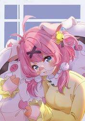  ahoge animal_ears animal_hands bell blush breasts chinese_commentary colored_skin dishy_galaxr female frilled_sleeves frills furry furry_female girls&#039;_frontline glasses hair_bell hair_ornament holding holding_pillow hooves hug official_alternate_costume parted_lips pig_ears pig_girl pig_nose pillow pink_hair pink_skin pom_pom_(clothes) pom_pom_hair_ornament shadow shirt short_twintails simple_background solo tabuk_(girls&#039;_frontline) tabuk_(three_little_piggy_renters)_(girls&#039;_frontline) thick_eyebrows twintails two-tone_background upper_body x_hair_ornament yellow_shirt yellow_sleeves 