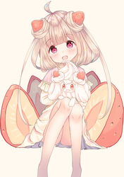  :d alcremie alcremie_(strawberry_sweet) alcremie_(vanilla_cream) beige_background blush capelet commentary_request creature_and_personification dress feet_out_of_frame female food food-themed_hair_ornament frilled_capelet frills fruit hair_ornament head_tilt highres knees_up light_brown_hair long_hair looking_at_viewer mimikaki_(men_bow) open_mouth personification pink_capelet pokemon pokemon_(creature) pokemon_swsh purple_eyes simple_background sitting smile strawberry strawberry_hair_ornament very_long_hair white_dress 