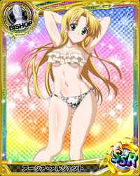  ahoge armpits arms_behind_head arms_up asia_argento bikini bishop_(chess) blonde_hair blunt_bangs blunt_ends blush breasts card_(medium) chess_piece cleavage collarbone female flower_bikini frilled_bikini frills green_eyes high_school_dxd long_hair looking_at_viewer medium_breasts navel official_art simple_background smile solo stomach swimsuit white_bikini 