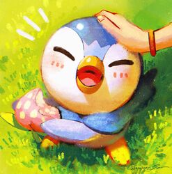  berry_(pokemon) blush closed_eyes commentary_request dawn_(pokemon) day female grass happy headpat highres holding hscatter notice_lines open_mouth outdoors pecha_berry piplup pokemon pokemon_(creature) pokemon_dppt signature standing tongue 