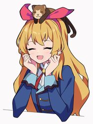  :d ^_^ aikatsu! aikatsu!_(series) animal_on_head arm_rest blonde_hair blue_jacket bow clenched_hands closed_eyes collared_shirt commentary elbow_rest female ferret ferry_(aikatsu!) hairband hairbow hand_on_own_cheek hand_on_own_face highres hoshimiya_ichigo jacket long_hair neck_ribbon on_head open_mouth red_bow red_eyes red_ribbon ribbon school_uniform shirt simple_background smile starlight_academy_school_uniform uhouhogorigori upper_body white_background white_shirt 