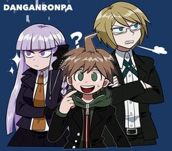  2boys ? adjusting_hair ahoge bad_id bad_twitter_id blonde_hair blue_background breasts brown_hair clenched_teeth collared_shirt copyright_name cropped_torso crossed_arms danganronpa:_trigger_happy_havoc danganronpa_(series) dress_shirt female furukawa_(yomawari) glasses gloves green_eyes hair_ribbon highres hood hood_down jacket kirigiri_kyoko large_breasts long_hair long_sleeves multiple_boys naegi_makoto necktie open_clothes open_jacket orange_necktie pointing pointing_at_self purple_eyes purple_hair ribbon semi-rimless_eyewear shirt short_hair skirt teeth togami_byakuya 