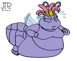  2021 a_bug&#039;s_life ant antennae_(anatomy) arthropod bodily_fluids closed_eyes disney female fist flower_hair_accessory hi_res hymenopteran insect_wings insects juanpadraws mouth_closed obese overweight pixar princess_atta purple_body purple_skin signature simple_background solo sweat trying_to_fly weight_gain white_background wings 