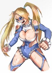  absurdres bababaeki00 battle_damage blonde_hair blue_eyes breasts cleavage cleavage_cutout clothing_cutout female frills highres mask rainbow_mika scrape scratches solo street_fighter street_fighter_v torn_clothes torn_mask twintails wrestling_mask wrestling_outfit 