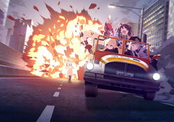  6+girls akari_(blue_archive) arm_up artist_request bad_link blue_archive car driving explosion fuuka_(blue_archive) game_cg gourmet_research_society_(blue_archive) halo haruna_(blue_archive) hat hifumi_(blue_archive) highres highway horns izumi_(blue_archive) jeep junko_(blue_archive) koharu_(blue_archive) looking_back military military_uniform motor_vehicle multiple_girls official_art red_eyes scooter screaming sky tears uniform vehicle_focus 