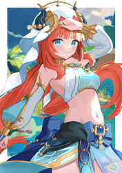  aqua_eyes arm_up bare_shoulders blue_bow blurry blurry_background blush border bow bracer brooch circlet closed_mouth commentary_request cowboy_shot crop_top detached_sleeves fake_horns female floating_hair genshin_impact harem_outfit highres hitachi_sou horns jewelry long_hair long_sleeves looking_at_viewer navel neck_ring nilou_(genshin_impact) puffy_long_sleeves puffy_sleeves red_hair skirt smile solo stomach thighs twintails veil vision_(genshin_impact) white_border 