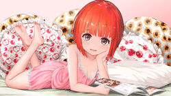  absurdres akai_ringo_(ookami-san) apple_print babydoll bare_legs barefoot brown_eyes cherry_print commentary_request commission crossed_ankles feet feet_up female flat_chest floral_print food_print frilled_pillow frills full_body gibun_(sozoshu) hand_on_own_cheek hand_on_own_face highres looking_at_viewer lying md5_mismatch on_bed on_stomach ookami-san open_magazine open_mouth pillow pink_babydoll pink_shorts pixiv_commission print_pillow red_hair resolution_mismatch short_hair shorts smile soles solo source_larger sunflower_print tareme the_pose 